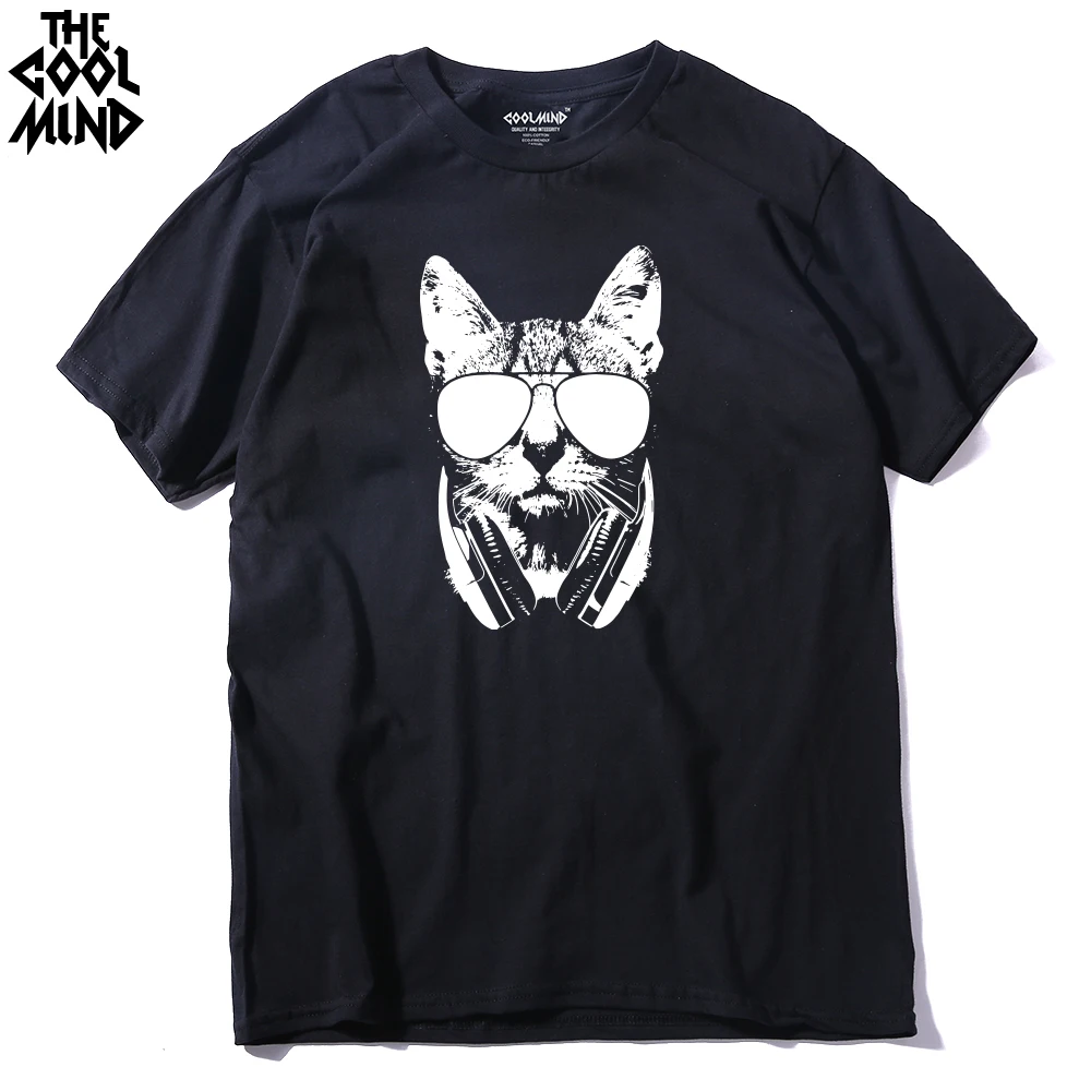 

COOLMIND CA0211A Cool casual music DJ cat printed men T shirt short sleeve o-neck mens t-shirt fashion cool tee shirt tops tees