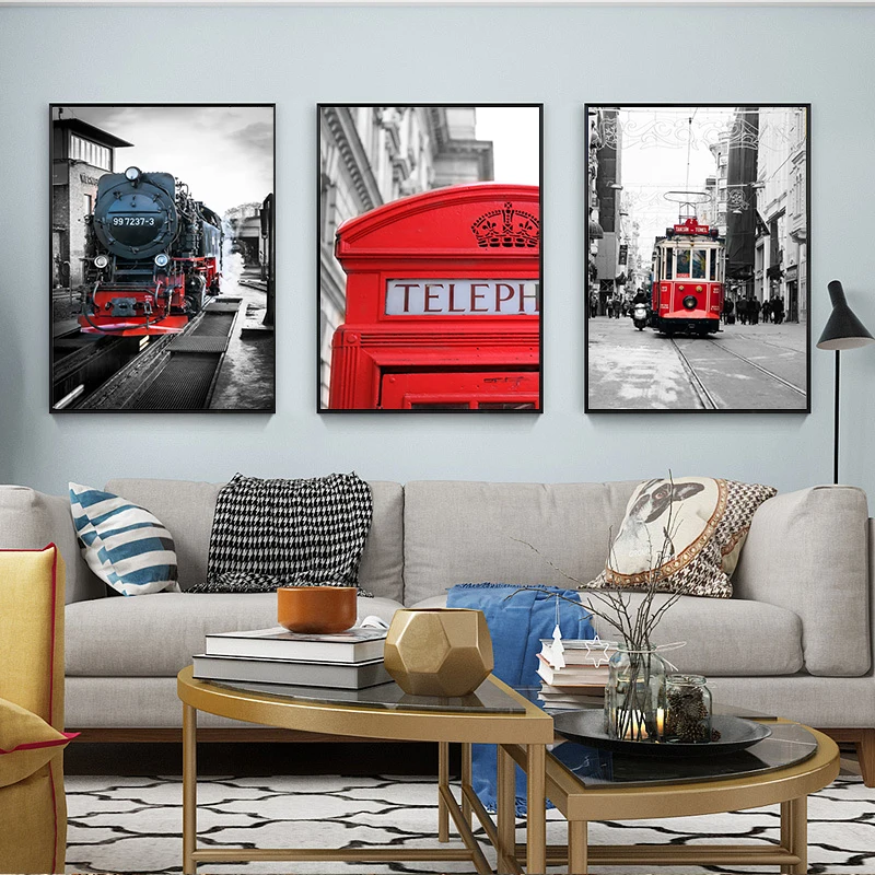 Скандинавская Картина на холсте Ретро Красный паровой трейнтрамфонный стенд