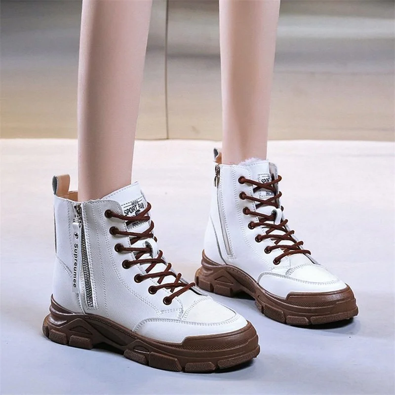

Fashion Round Toe Lace Up Martin Boot Women Solid Color Mid Heel Ankle Boots Winter Platform Zipper Women Shoes Zapatillas Mujer