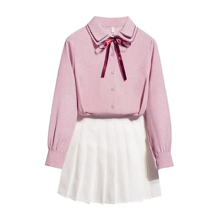 

ICHOIX Girl Student Pleated Mini Skirt Set Casual Cute 2 Piece Set Women Pink Shirt + White Skirt Autumn 2 Piece Outfits Korean