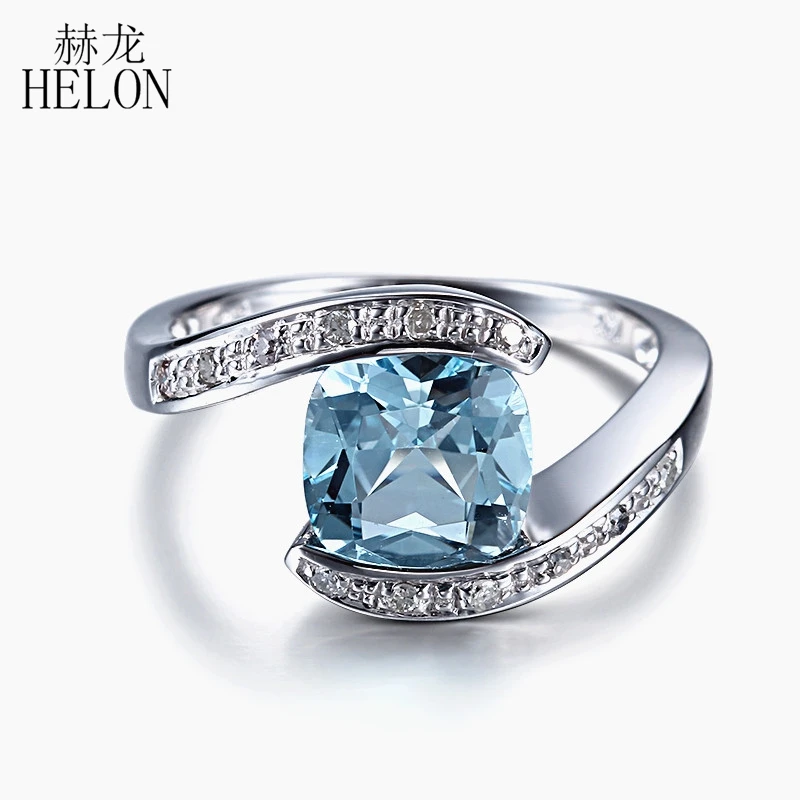 

HELON Solid 10k White Gold Flawless Cushion Cut 8mm Sky Blue Topaz Natural Diamonds Engagement Ring Women Gemstone Fine Jewelry