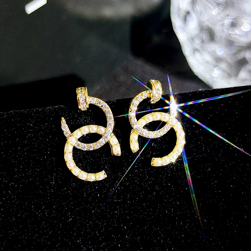 

New Trendy 14K Real Gold Plated Nail Letters Pearls Earrings for Women AAA Zircon S925 Silver Needle Temperament Jewelry Stud