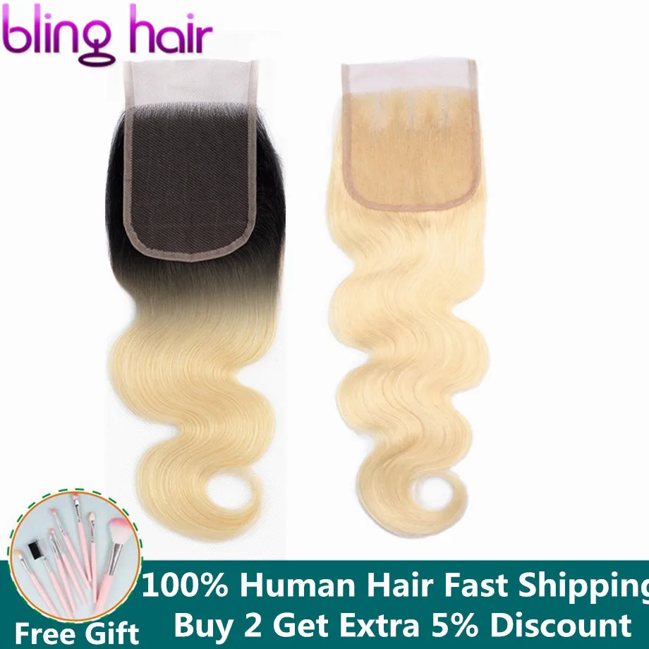 Bling hair 1b/613 блонд бразильские волосы объемная волна Кружева Закрытие 4*4