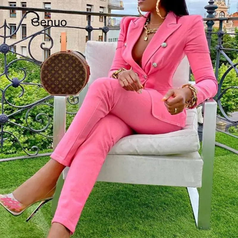 

Pink Long Sleeves Double Breasted Suit Blazer and Pants Two Piece Sets Deep V-Neck Women Sexy Outfits 2020 New Office Ladies Set
