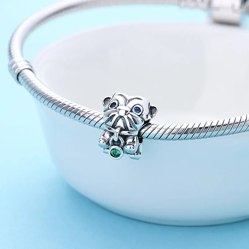 100% 925 стерлингового серебра с милым принтом Лев циркониевые бусины животных