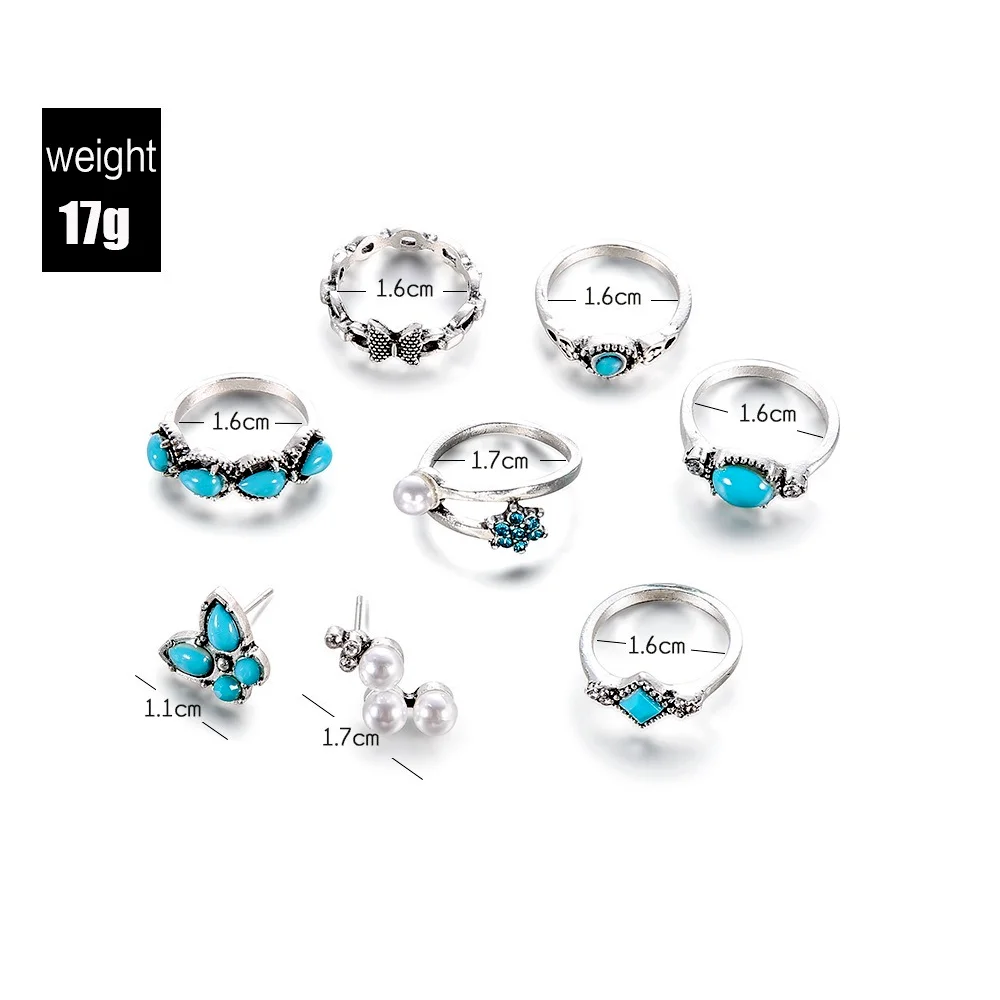

New Summer Fashion Personality Street Shooting Blue Turquoise Pearl Retro 8 Piece Set Ring Earring Combination Set Decoration