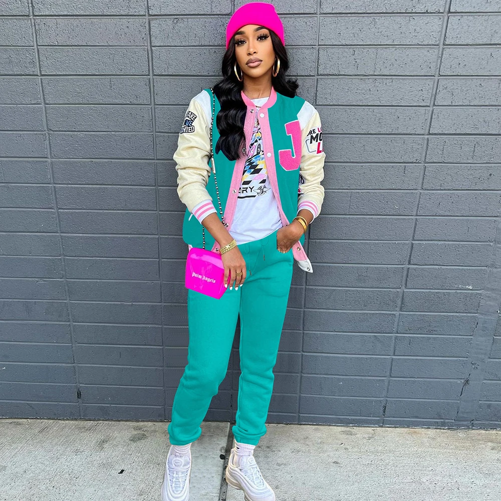 

Женский спортивный костюм Харадзюку из двух предметов, бейсбольная куртка с длинным рукавом и буквенным принтом и спортивные штаны для бег...