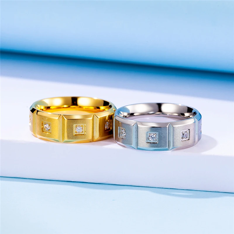 

European Style Exaggerated 8mm Stainless Steel Wedding Rings For Women High Quality CNC Inlaid Cubic Zirconia Jewelry Gifts