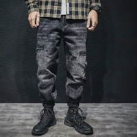 street fashion men jeans retro black gray elastic loose fit ripped jeans men korean style vintage designer hip hop harem pants