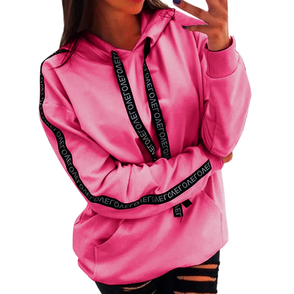 Hot Pink Womail Толстовка Женская толстовка с капюшоном длинный рукав осень зима пуловер Топы с принтом букв худи с карманами плюс размер 5XL O8 - Цвет: Hot Pink