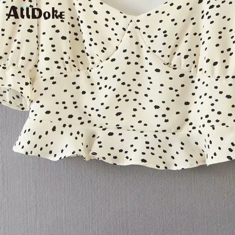

Alldoke Summer Polka Dot Blouse Women V-neck Puff Sleeve Crop Top Shirt Summer Woman High Waist Ruffles Blouse Blusas Mujer