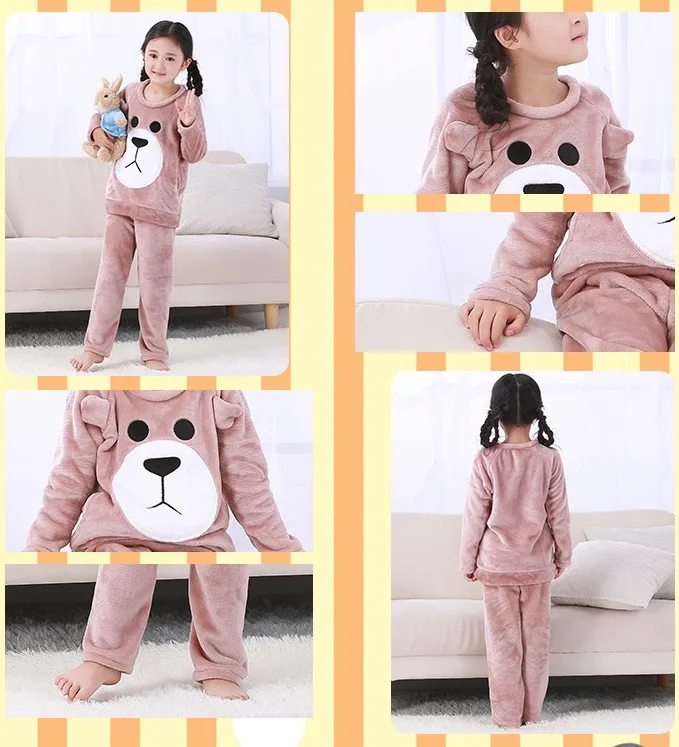 Зимние пижамные комплекты для маленьких девочек теплая детская одежда для сна комплект ночной одежды пижамы детский топ с животным+ штаны Домашняя одежда из 2 предметов пижамы для мальчиков