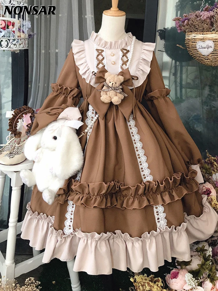 Элегантное синее платье NONSAR Lolita с коричневым медведем новая осенне-зимняя