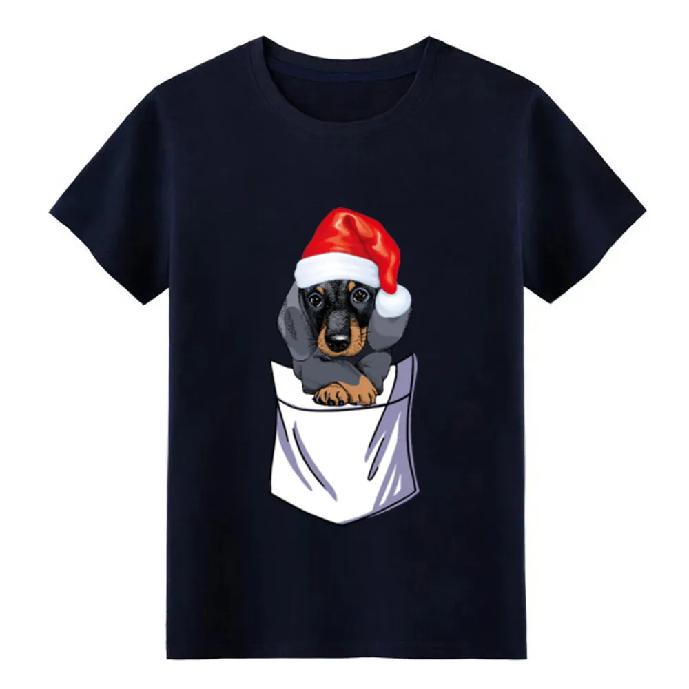 Рождественская футболка с карманом Санта-таксы Мужская Дизайнерская хлопковая