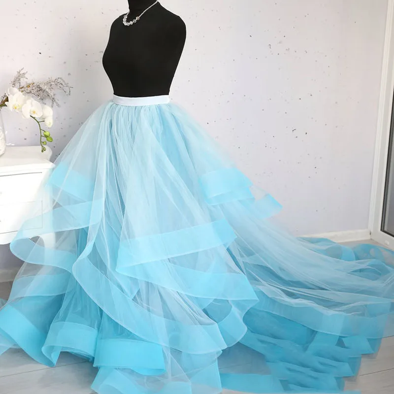 Pretty Sky Blue And White Ruffles Tulle Bridal Skirts Real Image Organza Edge Puffy Women Skirts To Picture Shoot Ball Gowns