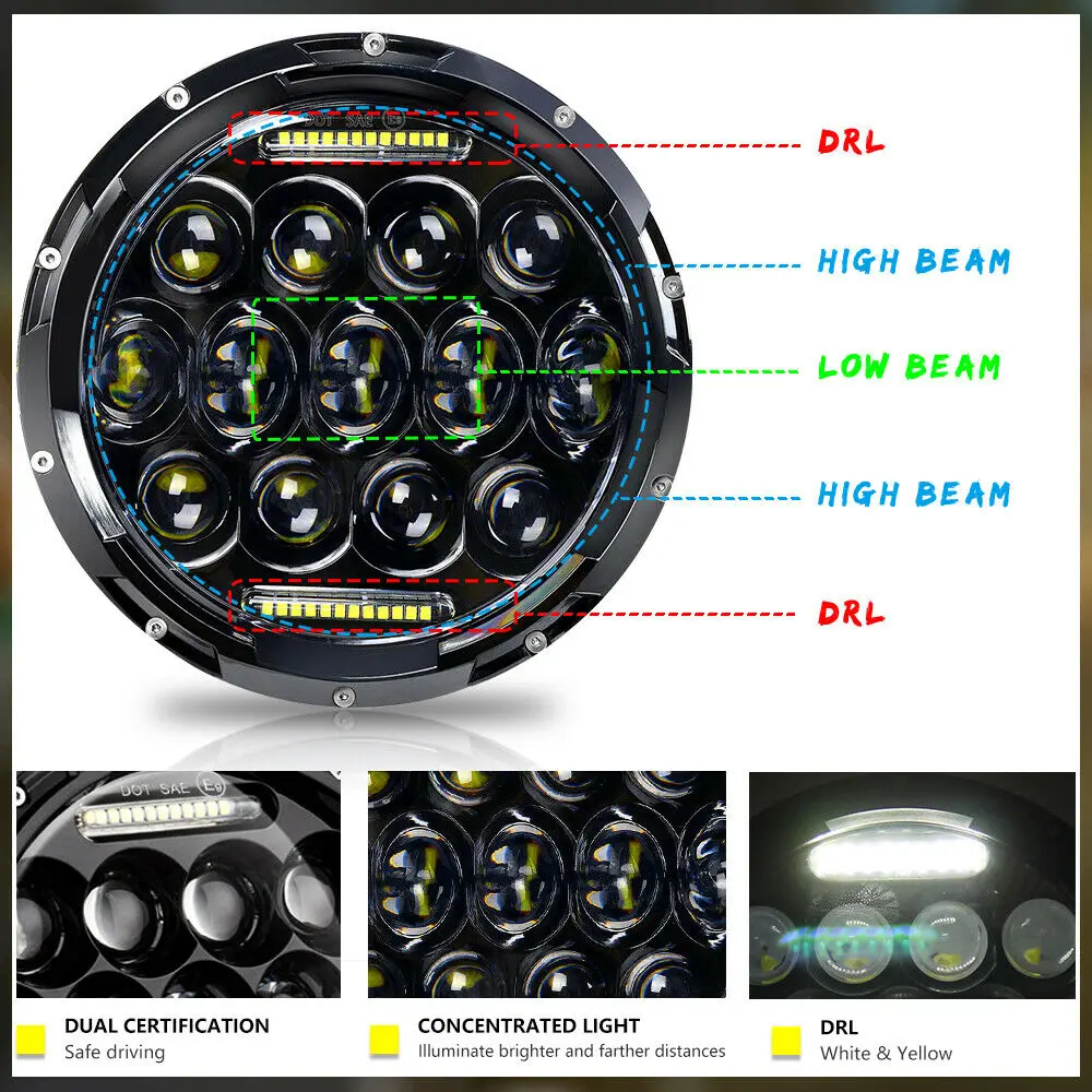Braveway 7Inch Led Headlights 12V 24V High Low Beam Round DRL Running Lights for Cars Urban Motorcycle Lada Niva Offroad UAZ 4x4 |