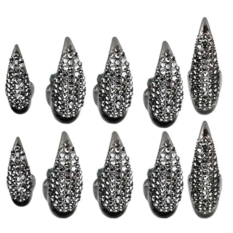 10 PCS Halloween Costume Claws Fake Nails Ring Set, Gothic Punk 3 Sizes Crystal Full Finger Rings Paved Paw Bend Fingertip Fing images - 6