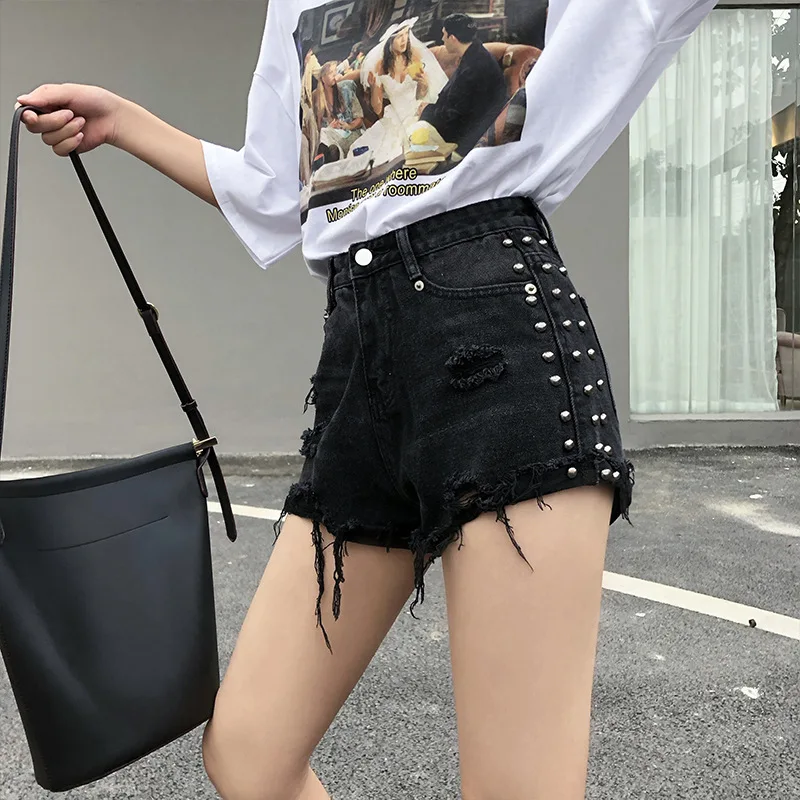 

Шорты женские джинсовые с завышенной талией, свободные модные корейские короткие штаны из денима черного цвета с бусинами, весна-лето 2021