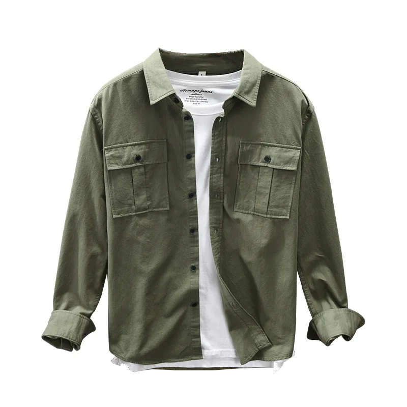 

Men's casual solid color long sleeve shirt Japanese style fashion tooling jacket top Loose classic Business cotton slim shirt