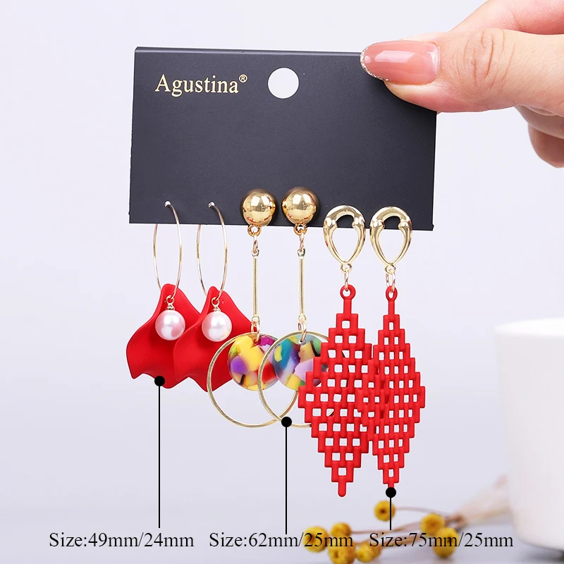 Набор серег женских из акриловых и красных фигур бижутерия в стиле бохо длинные