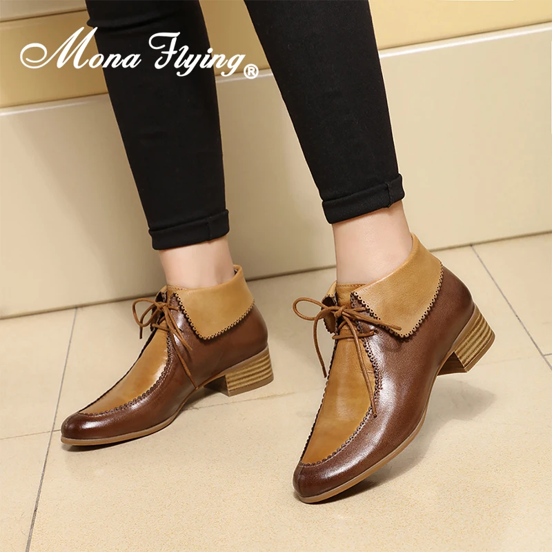 Mona Flying Women Genuine Leather Lace-up Boots Ankle high Comfortable Hand-made Fashion Booties Shoes with Low Heels 077-5AB