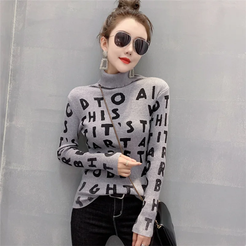 

#6534 Black Grey Khaki Woman Sweater Pullovers Long Sleeve Full Letters Sexy Knitwear Turtleneck Basic Sweater Cotton Harajuku