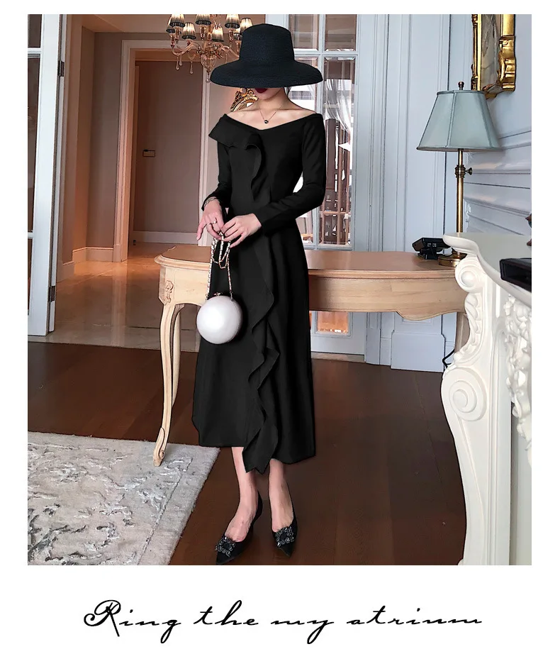 

DEAT 2021 new spring and autumn fashion women clothes slash collar slim ruffles dress mid calf female vestido WP87601L