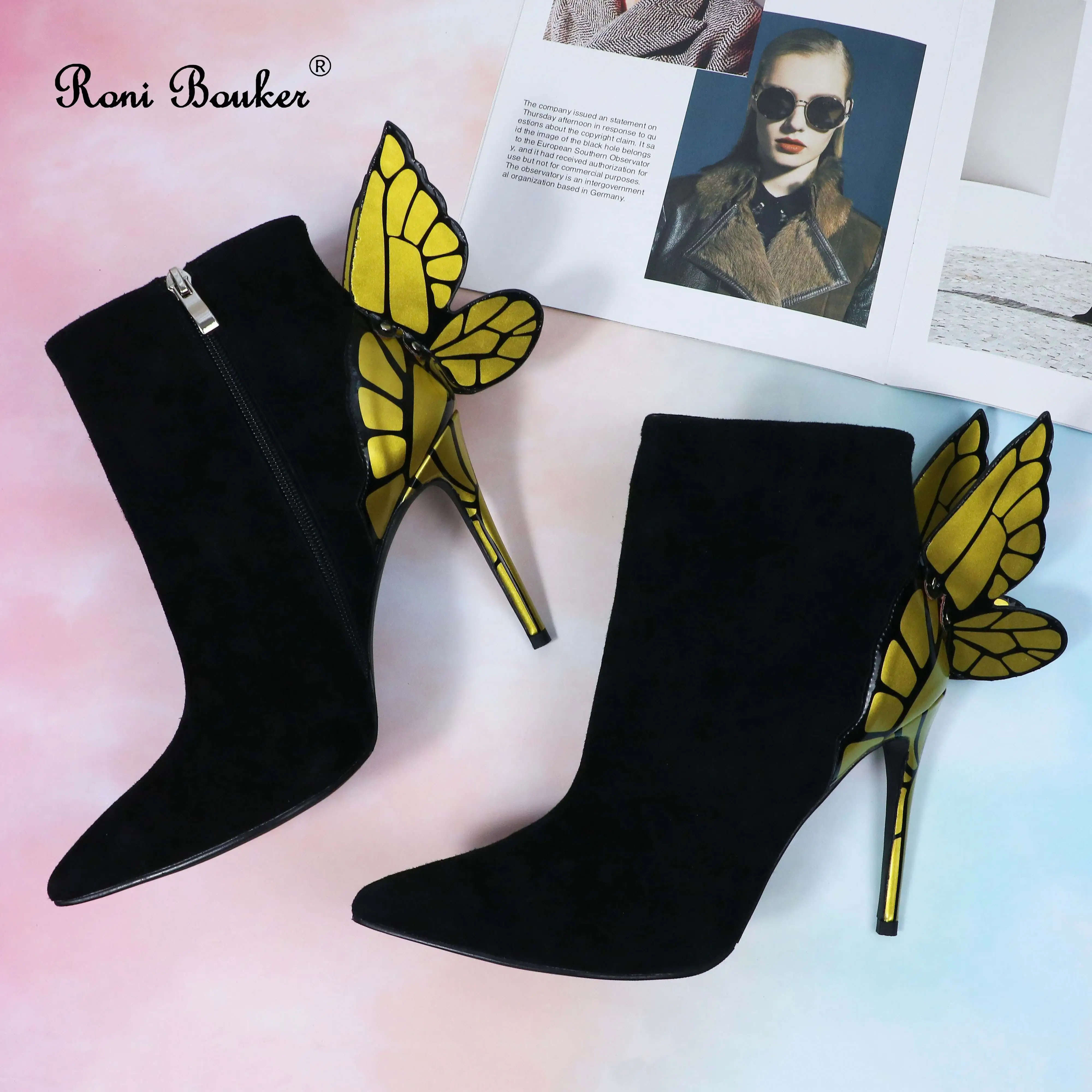 

Roni Bouker Ladies Charming PointyToe Black Suede Butterfly High Heels Short Boots Gold Wings Stiletto Ankle Booties Woman Shoes