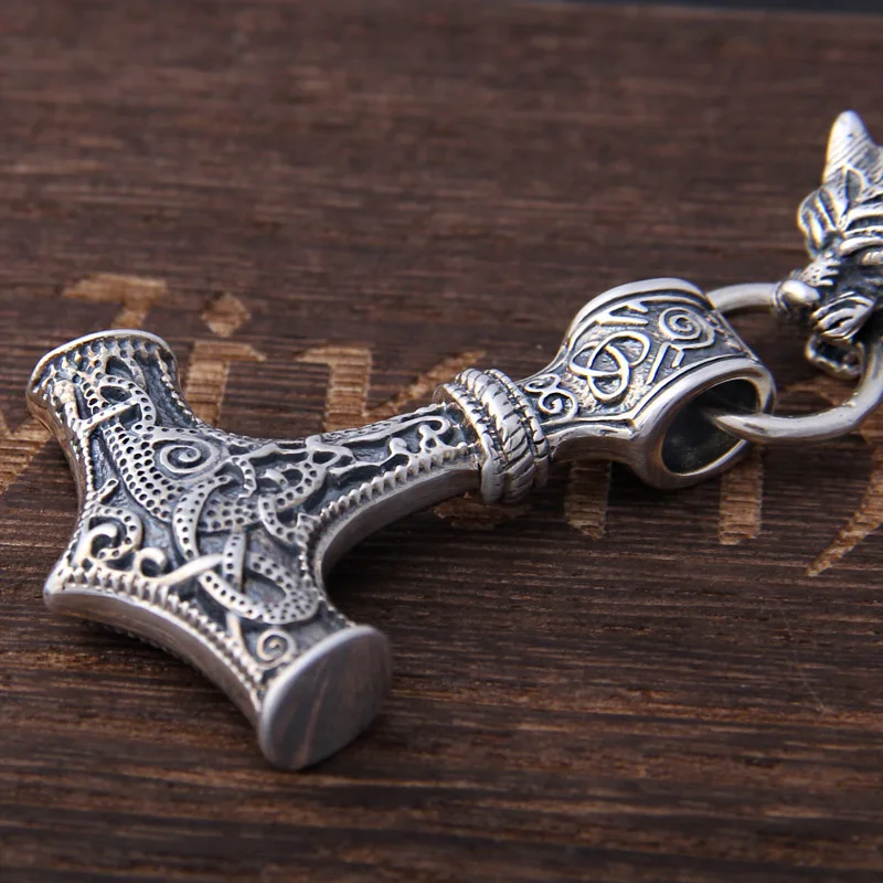 S925 стерлингового серебра Викинг-волк головы с thor's Молот Мьёльнир Кулон кожаный мужской ожерелье как рождественский подарок