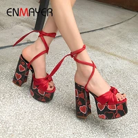 enmayer wedges shoes for women ankle strap silk high heel sandals lace up wedding fashion super high print platform sandals