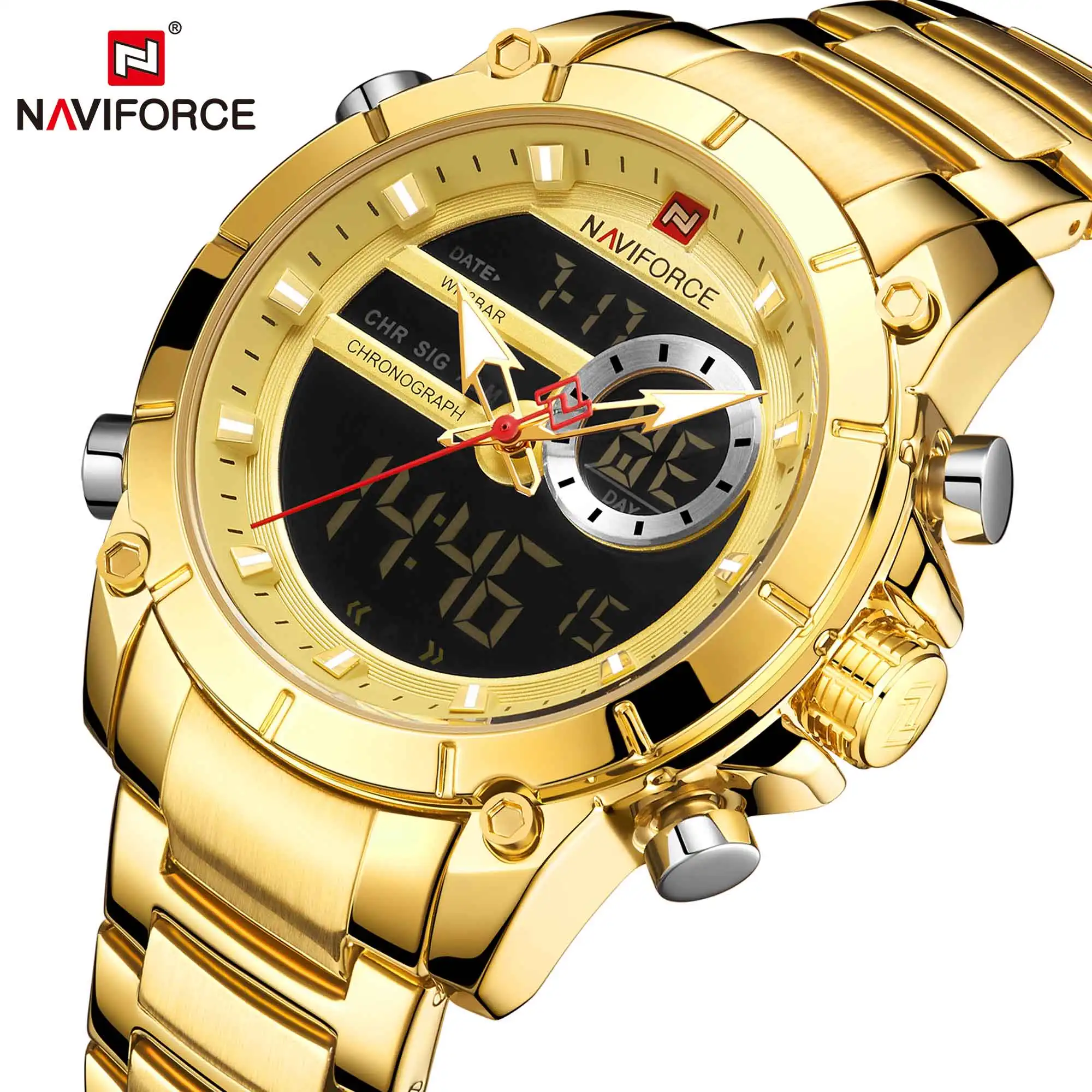 Новинка NAVIFORCE мужские военные модные часы золотые кварцевые наручные часы Стальные водонепроницаемые часы с двойным дисплеем мужские часы Relogio Masculino