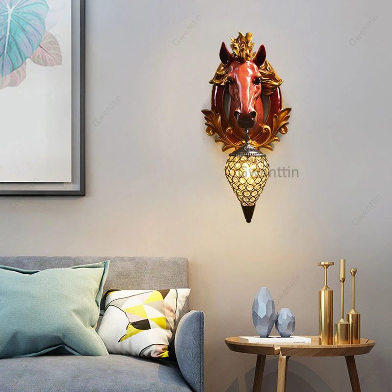 Европейские полимерные лошадь настенный светильник винтажные хрустальные
