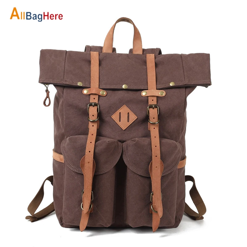 Goedkoop Fashion Laptop Rugzak Mannen Waterdichte Canvas Lederen Travel Rugzakken Kwaliteit Grote Capaciteit Outdoor Sport Camping Schooltas