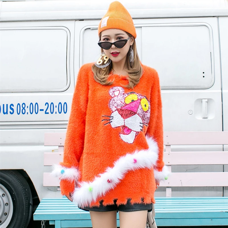 QING MO оранжевый синий Женский пуловер свитер 2019 женский Розовая пантера с