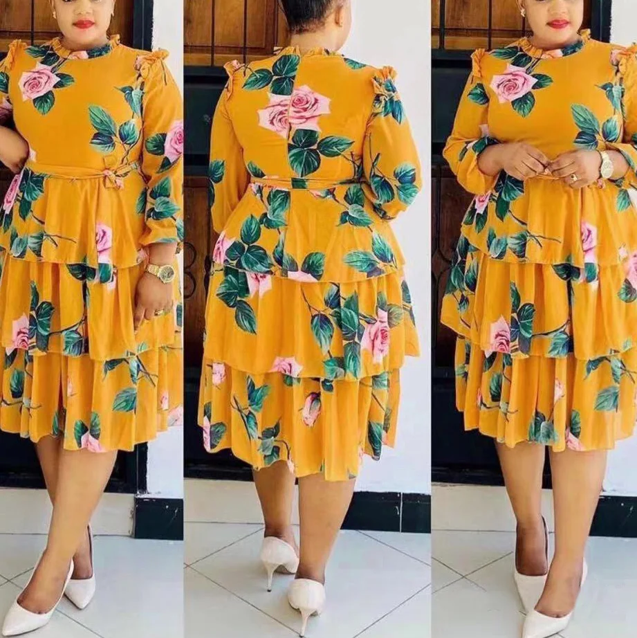 

African Dresses For Women Fashion New Africa Floral Print Full Sleeve Ruffles Mid Cald Elegant Business Office Dress Midi 2021