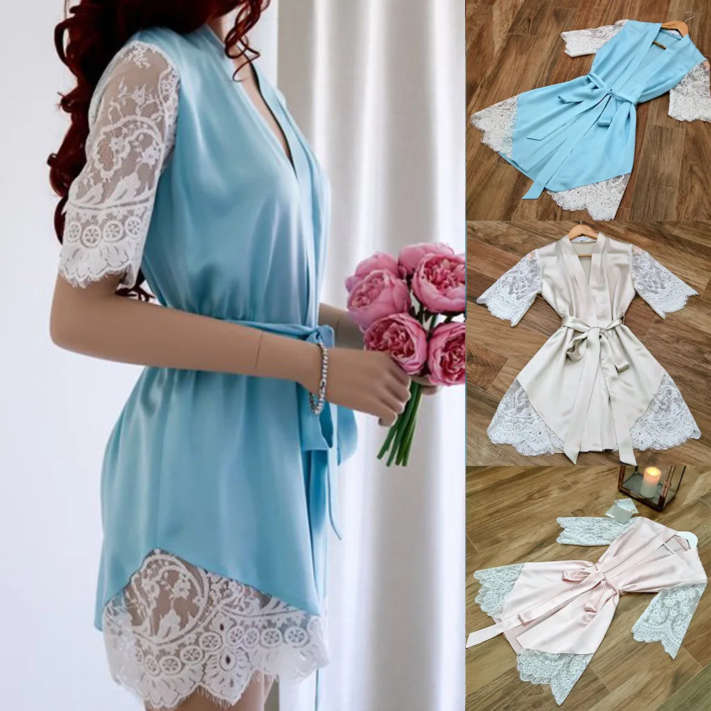 Женское кружевное атласное платье халат кимоно атласная шелковая кружевная