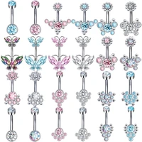 aoedej 14g blue pink crystal navel piercing ring stainless steel belly button ring butterfly claw belly body piercing jewelry