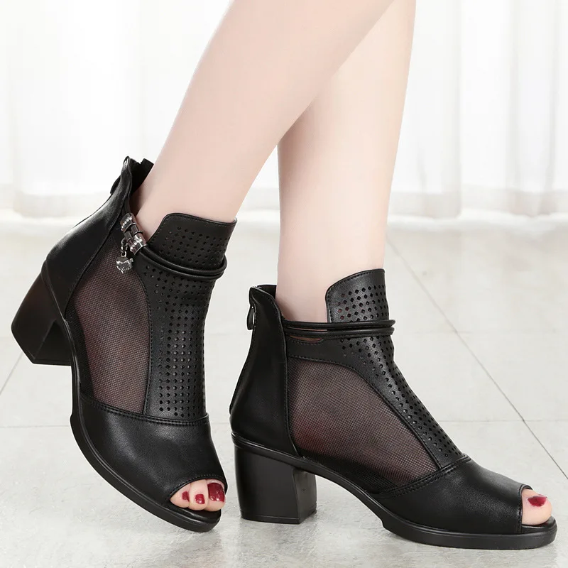 GKTINOO Fashion 2019 Women Sandals High Heels Open Toe Summer Square Heel Shoes Cut-Outs Leather Sandalia Mujer Plus Size | Обувь