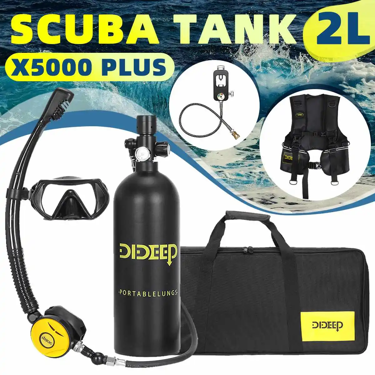 

DIDEEP 2L Scuba Diving Tank+Snorkel Tube+Diving Mask+Adapter+Vest+Storage Bag Oxygen Cylinder Set Snorkeling Equipment X5000Plus