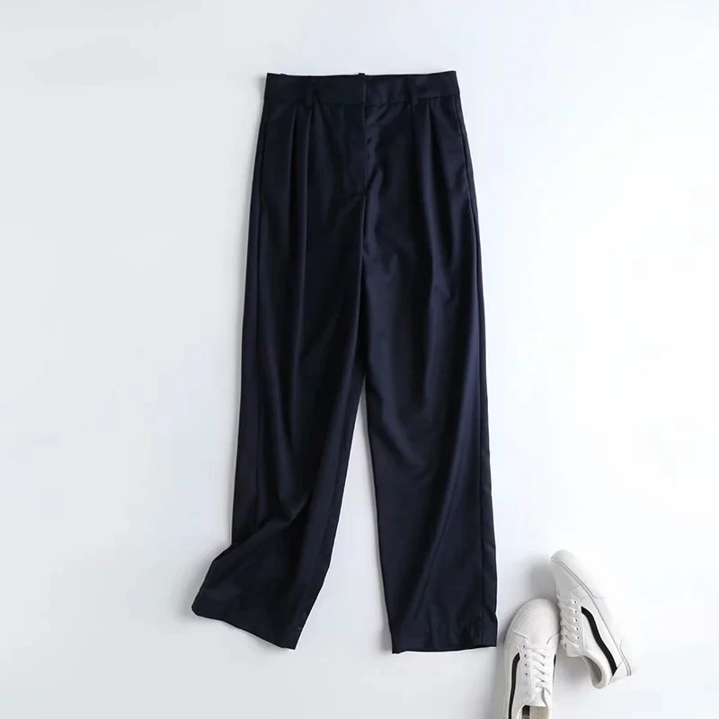 Withered england simple fashion navy pleated casual ankle suit pants women pantalones mujer pantalon femme trousers women sets