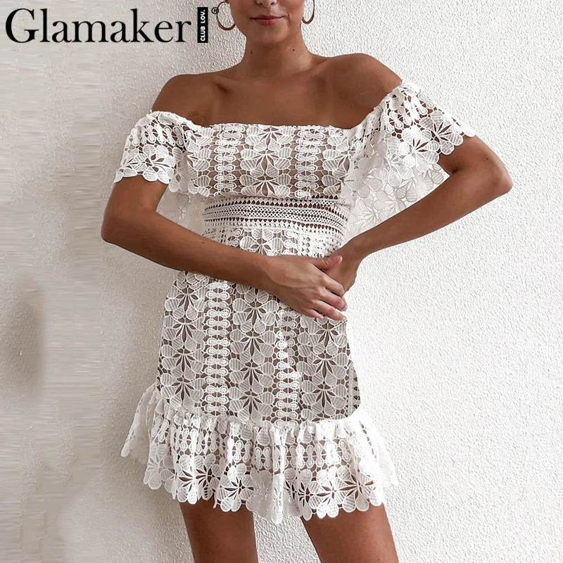 Женское ажурное офисное платье Glamaker белое элегантное кружевное с коротким