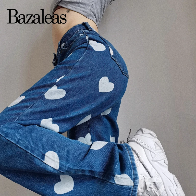 

Bazaleas 2022 White Lover Print Vintage Joggers Pant Fashion Light Blue Pockets Woman Pants