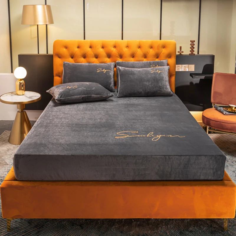 

Flannel Fleece Fitted Sheet with Rubber Mattress Cover European Style Blue Solid 1pc Diaper Fitted Cover 2020 Winter Warm Velvet