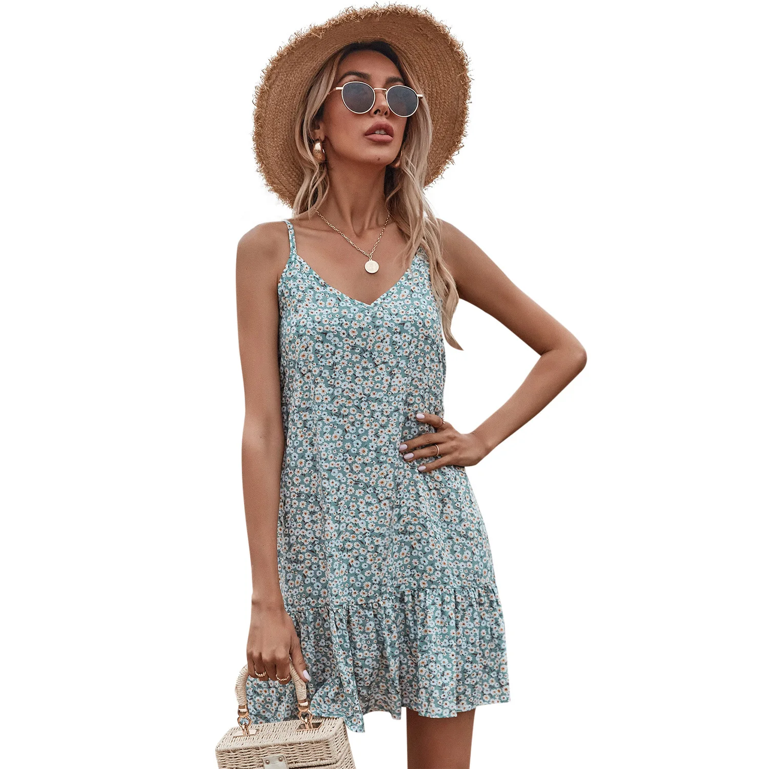 

Women's Floral Suspender SkirtSummer Sleeveless Fashion DressSmall Chrysanthemum Print V-neck Women's ClothingClassic Retro