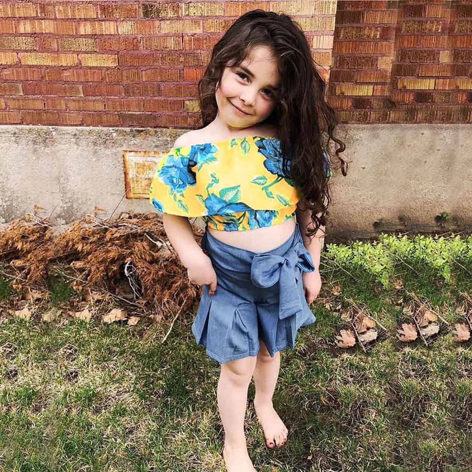 

Toddler Kids Baby Girls Summer Floral Tops+Denim Ruffled Bow Shorts Outfits Set