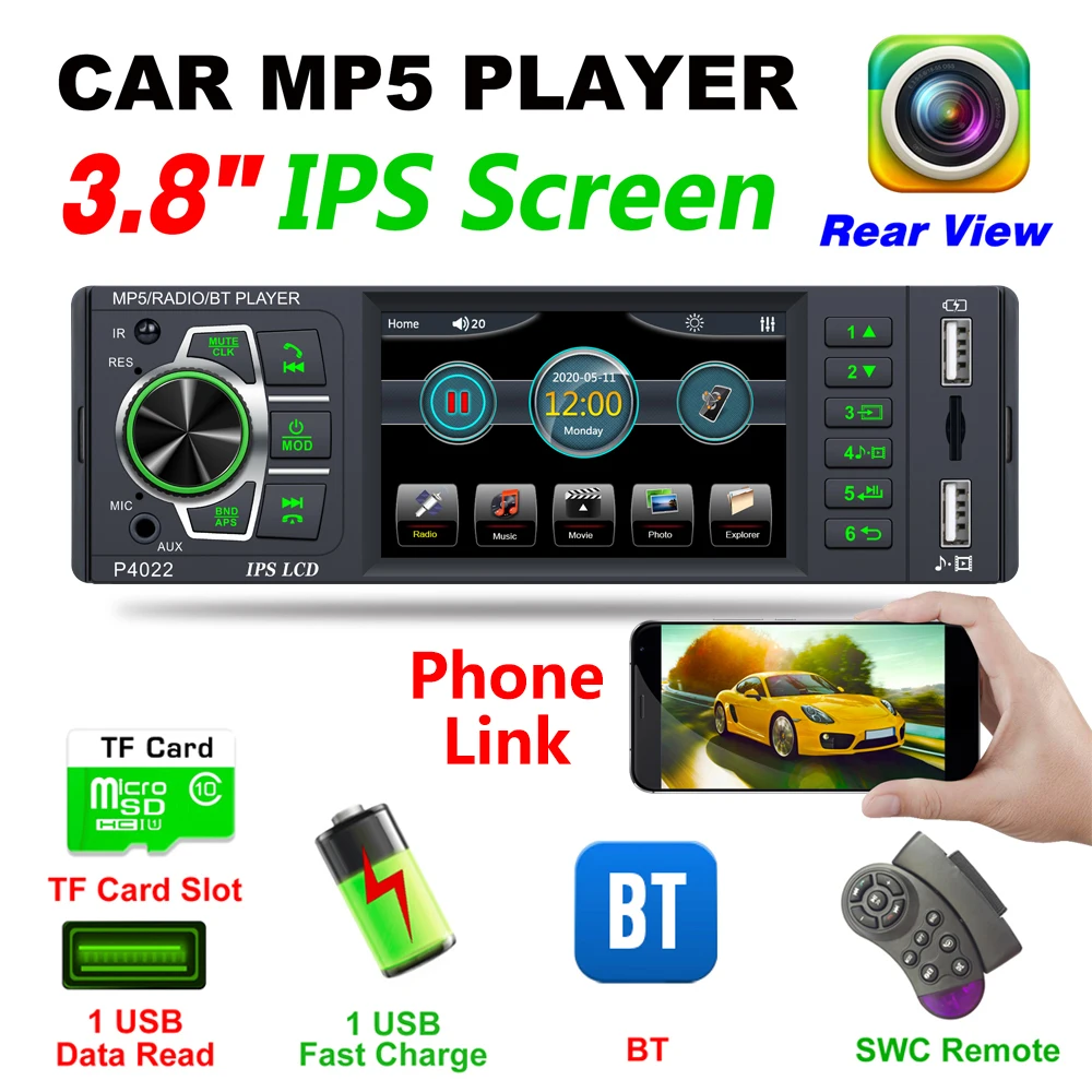 

4020 12V 3.8 Inch IPS Capacitive HD 1080P Stereo MP3 MP4 Radio FM MP5 Video Player AUX Input Phone Link
