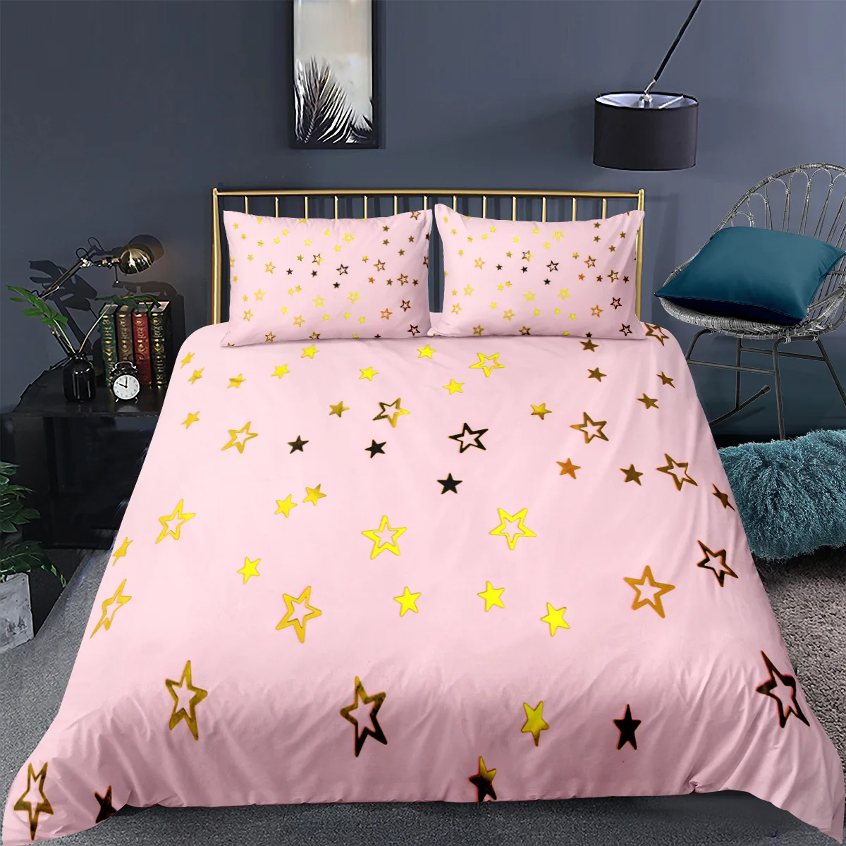 Комплект постельного белья с розовым принтом сияющие звезды 3D роскошный