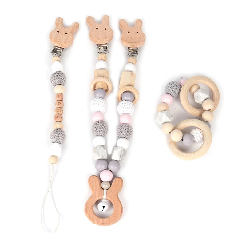 

3Pcs/Set Baby Stroller Pendant Rattle Pacifier Chain Dummy Clip Infants Wooden Teether Bracelet Nursing Chewing Toys Shower Gift