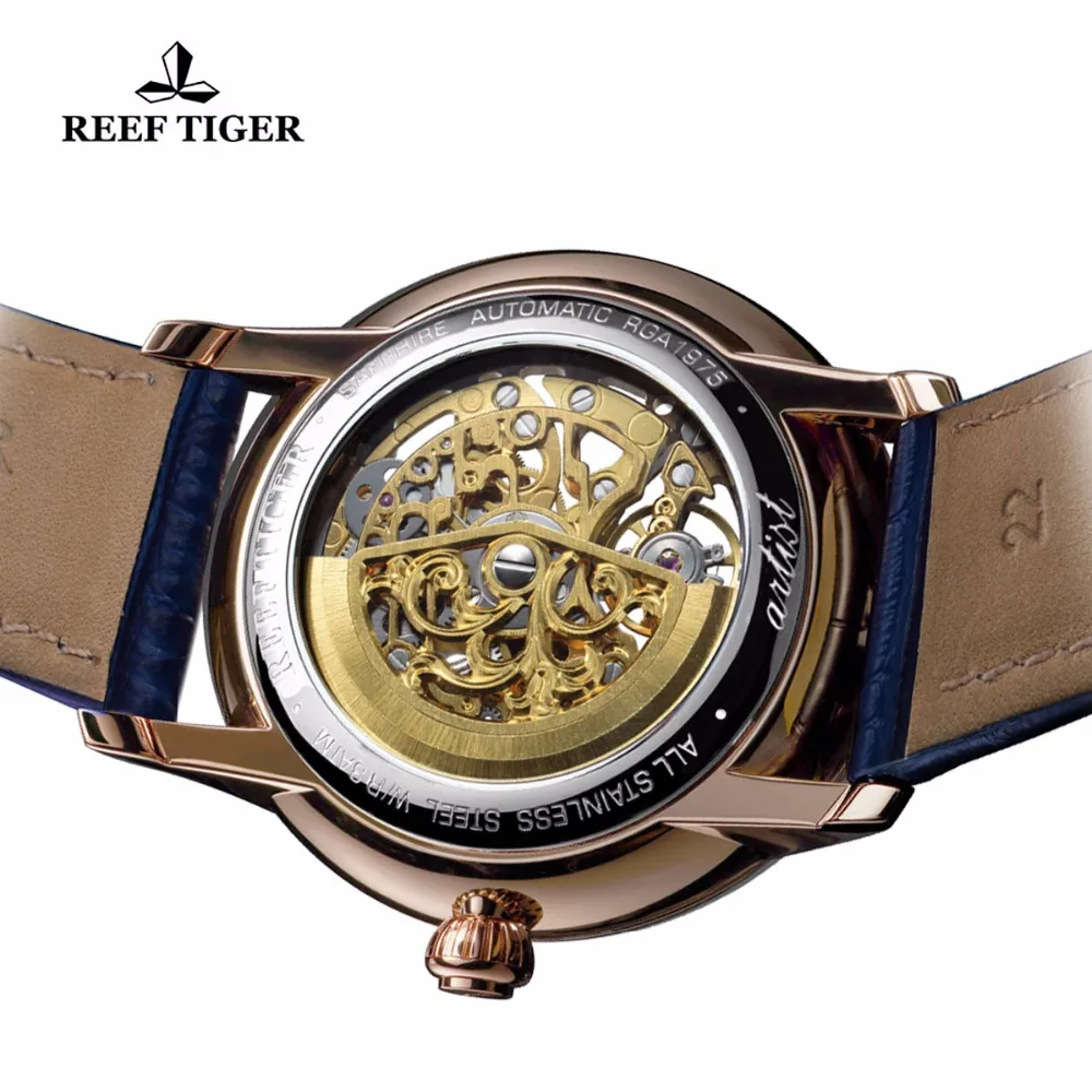

REEF TIGER/RT NEW DESIGN SKELETON WATCHES FOR MEN ROSE GOLD GENUINE LEATHER STRAP AUTOMATIC ULTRA THIN WATCH 2019 NEW RGA1975