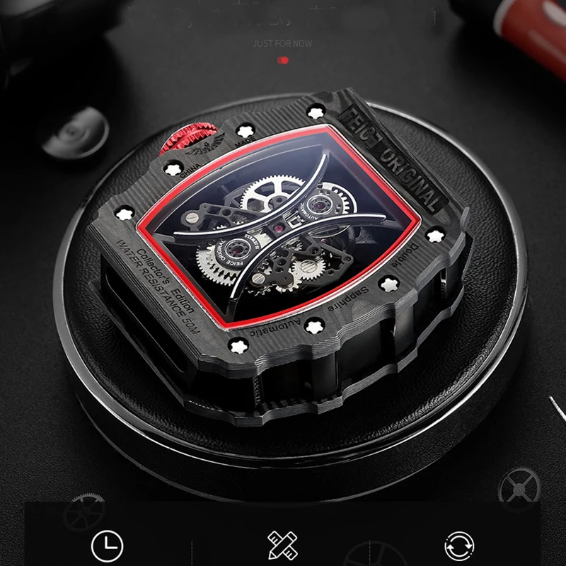 

New Fashion Hollow Automatic Watches Mechanical Mens Black Carbon Fiber Case Red Canvas Male Women Big Wristwatch